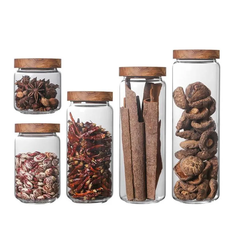 wood lid glass airtight canister kitchen storage bottles jars container grains coffee beans grains candy jar containers