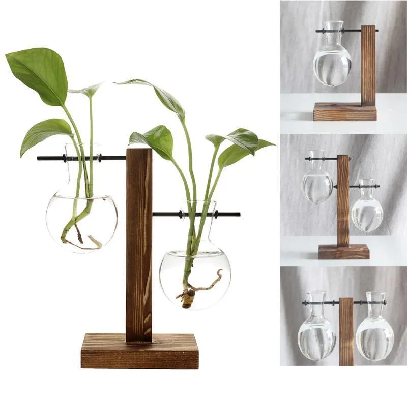 nordic style terrarium hydroponic plant vases vintage flower pot transparent wooden frame glass tabletop home bonsai decor planters 