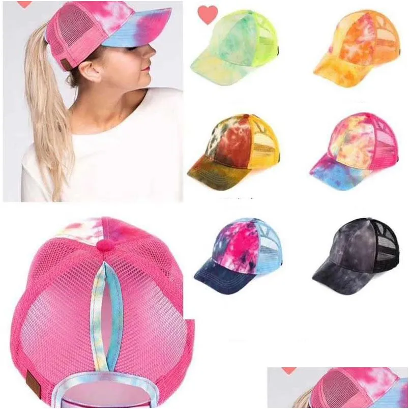 women tiedye baseball cap fashion ponytail hats summer mesh breathable caps cotton female fashion outdoor hip hop snapback cap vt1422