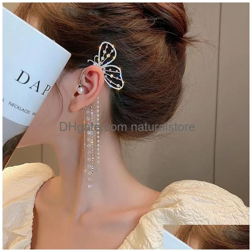 backs earrings 2022 trendy long butterfly clip ear clips without pierced rhinestone women girls jewelry