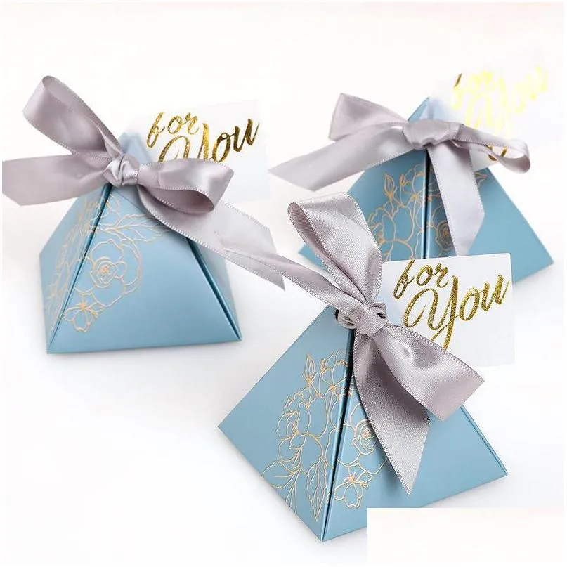 20/50/100pcs blue triangle candy box for wedding party favors gifts paper baby shower decoration gift wrap