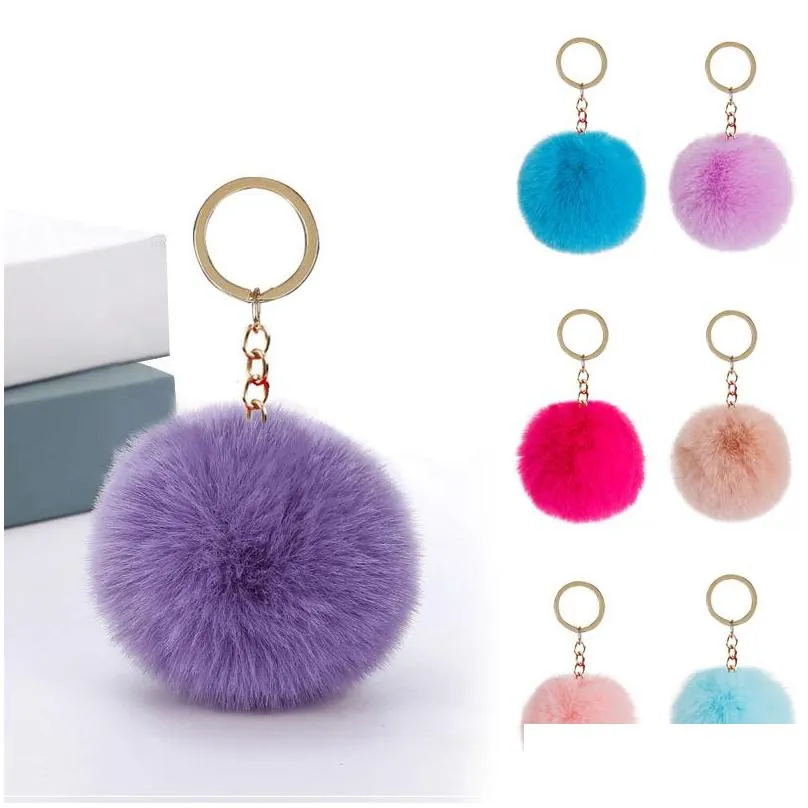 fluffy pom pom keychain soft faux rex rabbit fur ball car key rings pompom plush keychains gold keys holder women bag pendant jewelry