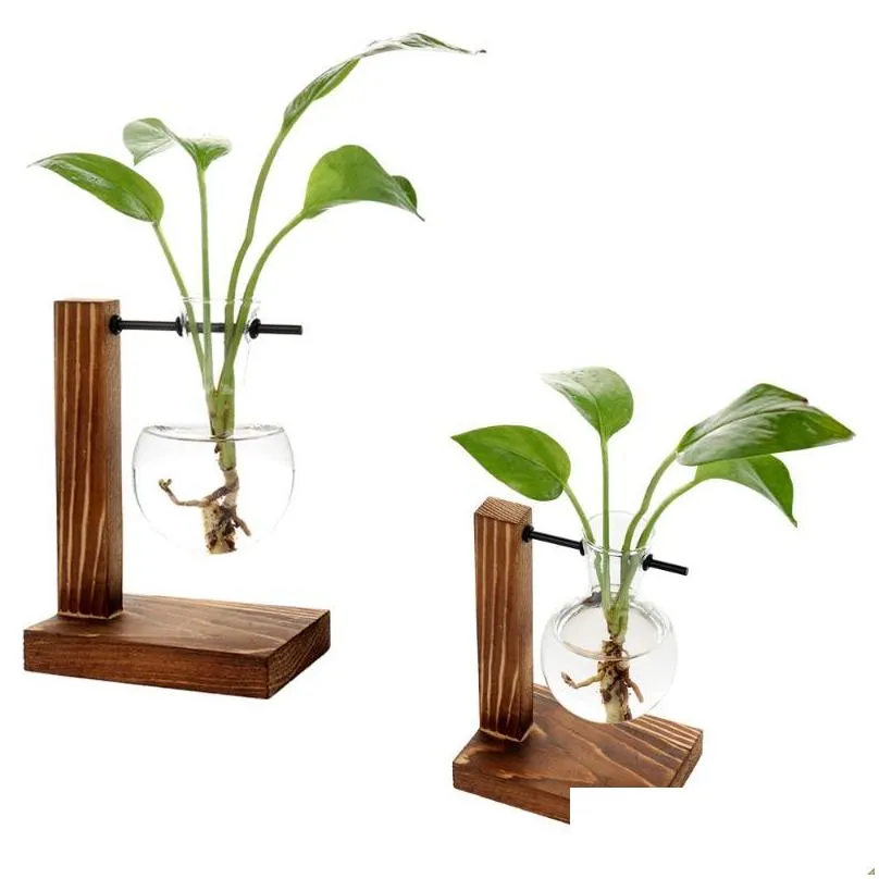 nordic style terrarium hydroponic plant vases vintage flower pot transparent wooden frame glass tabletop home bonsai decor planters 