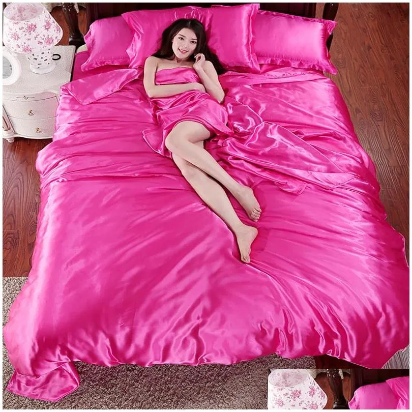  100 pure satin silk bedding set home textile king size bed set bedclothes duvet cover flat sheet pillowcases wholesale1