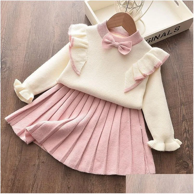 2020 autumn and winter kids girls set knitted sweater top addpleated skirt gown dress 2pcs clothing sets16y baby girl clothes 809