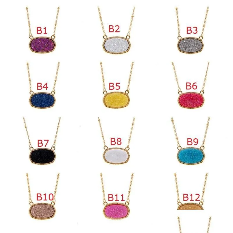  resin druzy drusy necklace oval hexagon gold plated collar jewelry for women party christmas gift