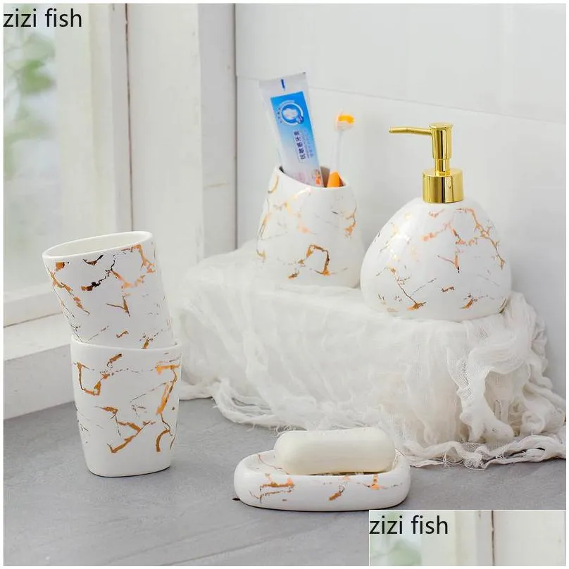 bath accessory set 6/7pcs gold marble ceramics bathroom accessories soap dispenser/toothbrush holder/tumbler/soap dish products1