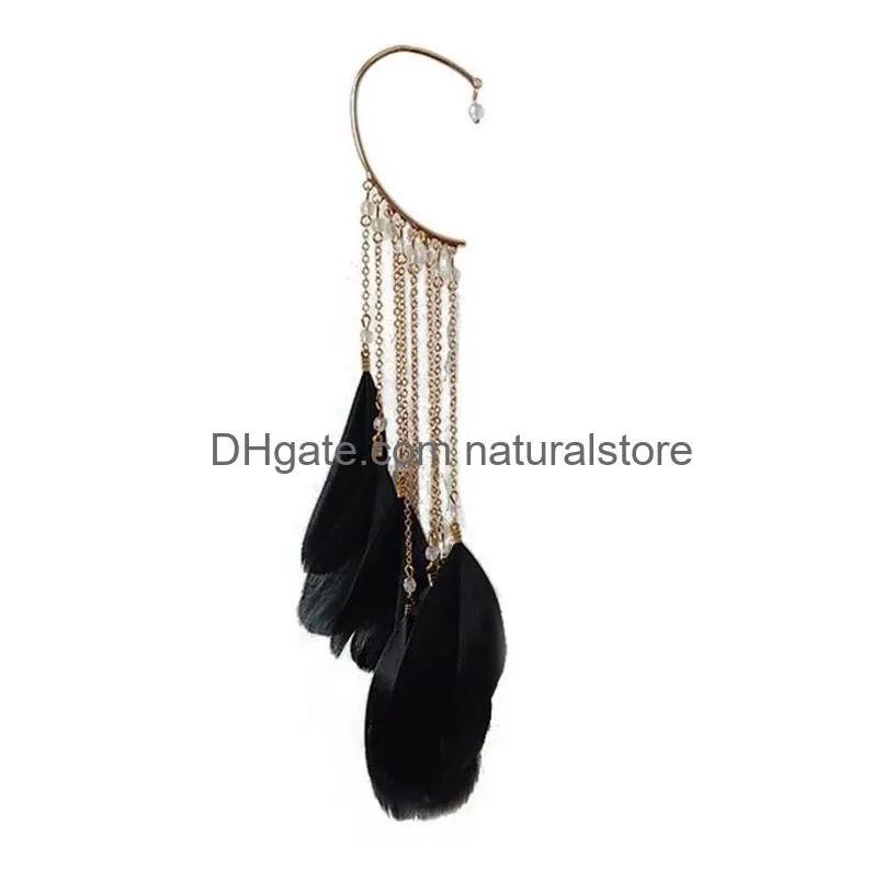 clipon screw back 2022 bohemian temperament feather ear hook clip on earrings without piercing for women accessories long tassels cuff