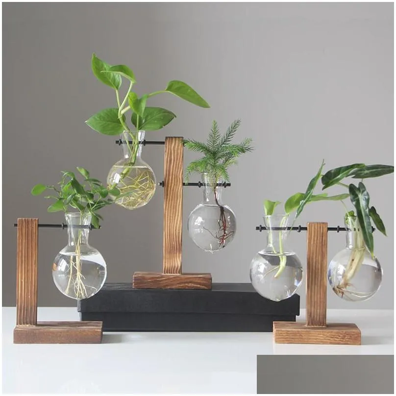 nordic style terrarium hydroponic plant vases vintage flower pot transparent wooden frame glass tabletop home bonsai decor planters 