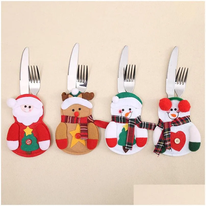 2018 christmas knife fork set cartoon santa claus snowman elk deer cutlery set xmas festival home decorations utensils bag dh0137
