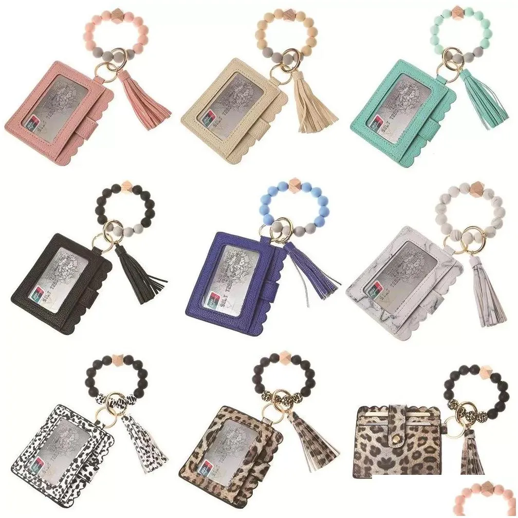 fashion pu leather bracelet wallet keychain party favor tassels bangle key ring holder card bag silicone beaded wristlet keychains handbag women