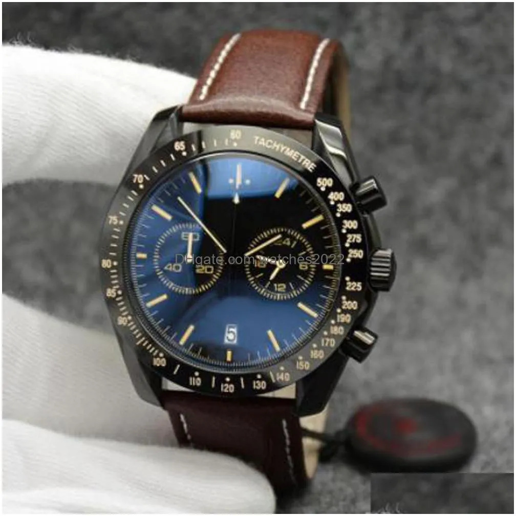 high grade 44mm quartz chronograph mens watches red hands stainless steel bracelet fixed bezel with a top ring showing tachymeter