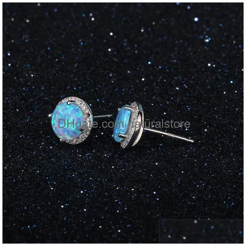 new simple 925 sterling silver stud earrings round blue fire opal earrings with cubic zirconia wedding jewelry gift