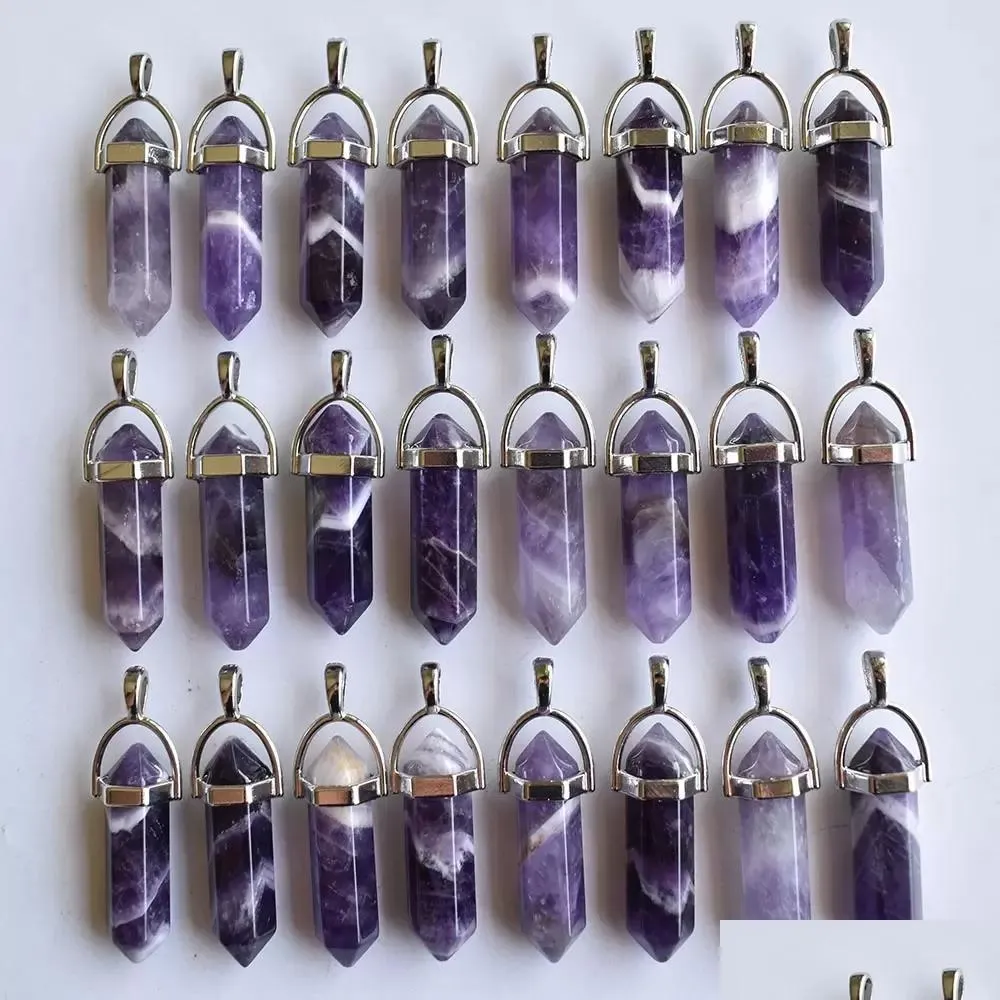 natural stripe amethysts charms hexagonal healing reiki point crystal pendants for jewelry making wholesale