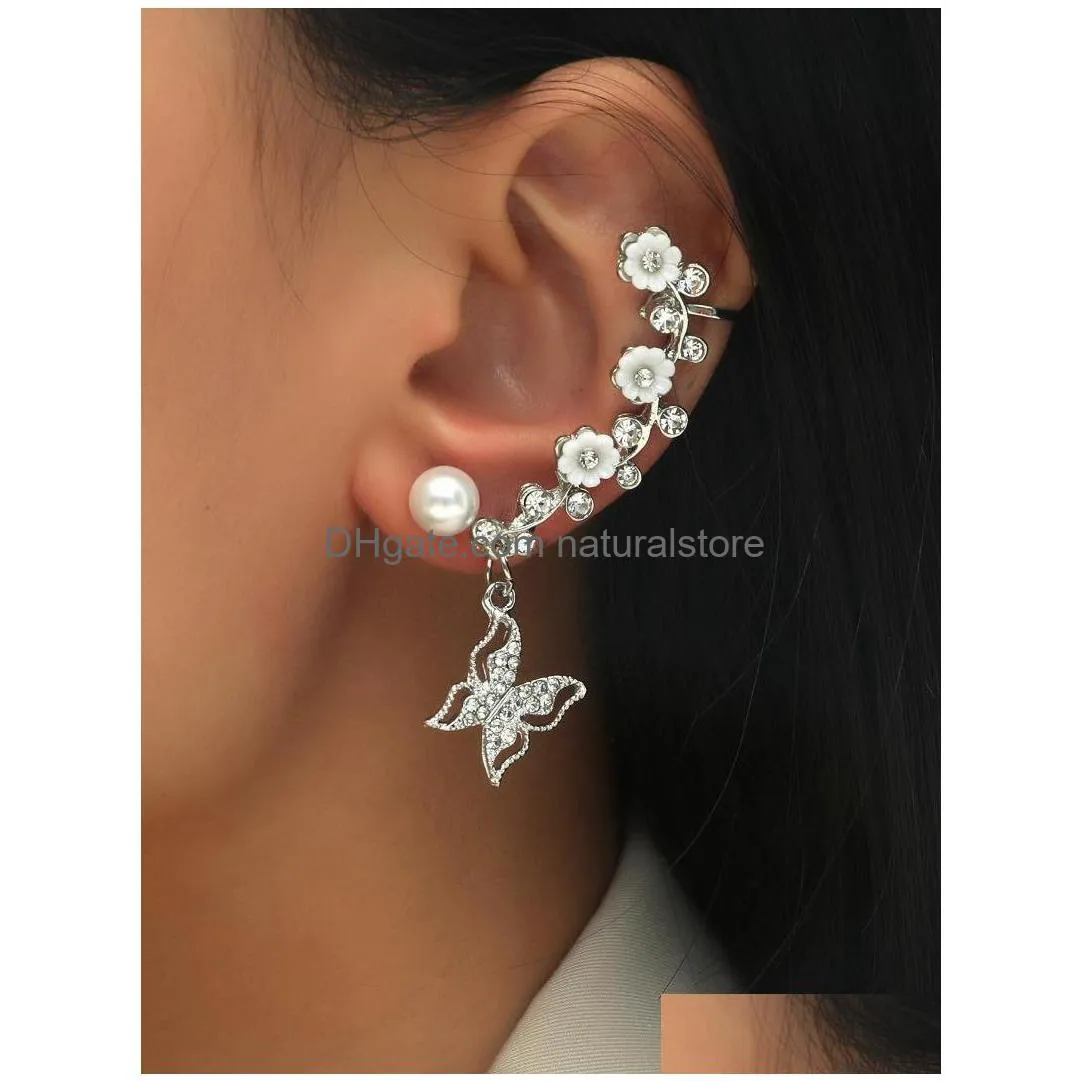 clipon screw back earrings white beaded rhinestone flower butterfly ear clip ladies party birthday casual fashion 1 pairclipon