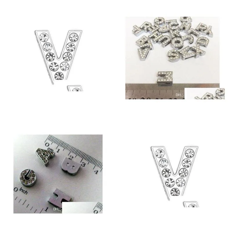 50pcs/lot 8mm v full rhinestones silver slide letter diy charms fit for 8mm leather bracelet phone strips sl0010