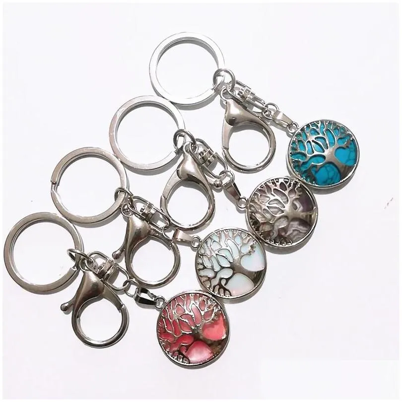 natural stone key rings hollow tree of life keychain pink tingers eye gemstone rose quartz car bag pendant keyring jewelry women men