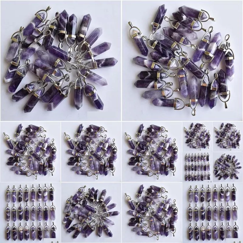 natural stripe amethysts charms hexagonal healing reiki point crystal pendants for jewelry making wholesale