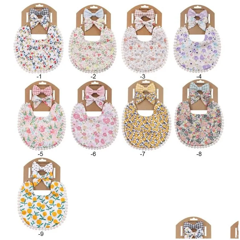 baby bibs burping clothes born burp cloths girls accessories infant towel print flower headband 2pcs set princess kids feeding 3083