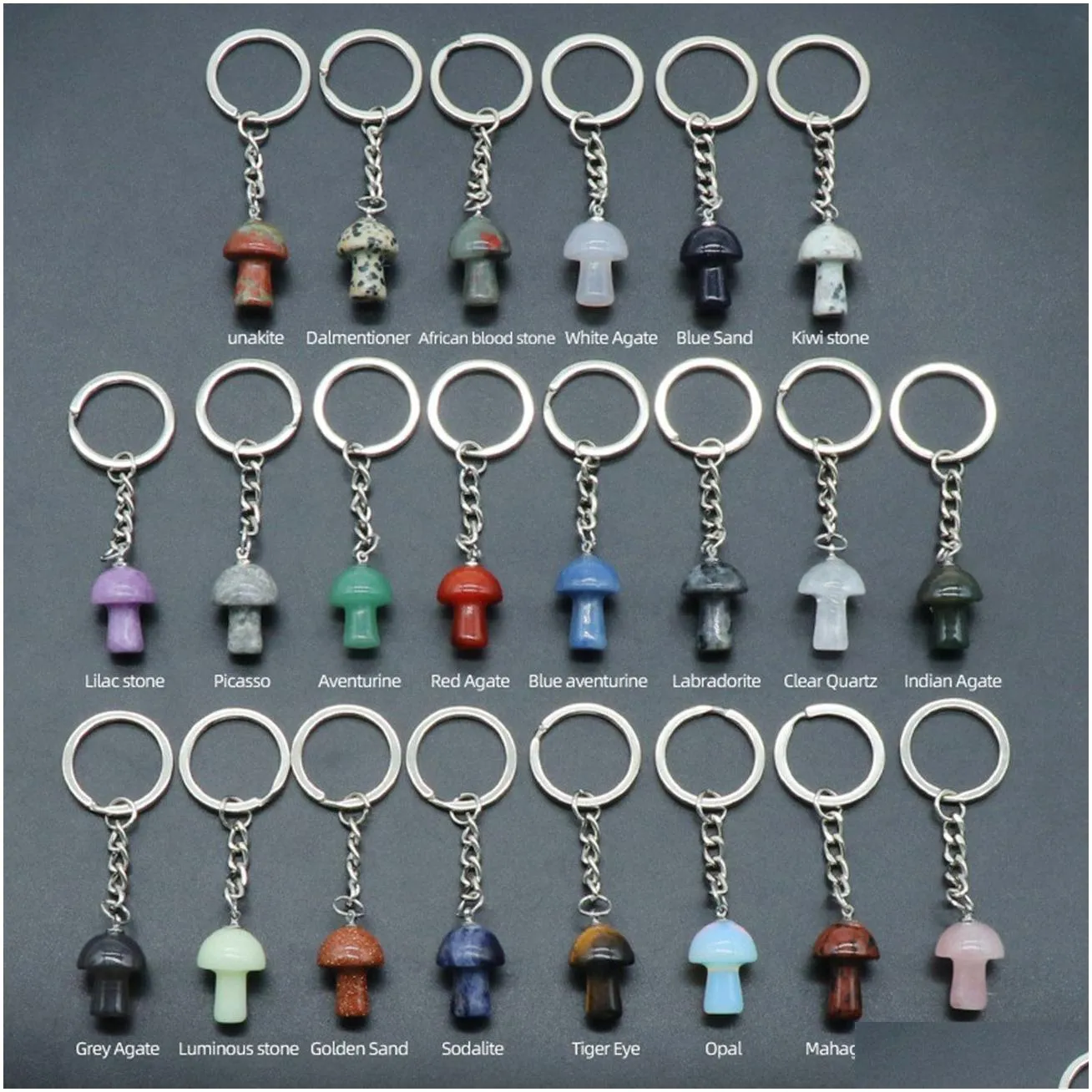 healing chakra gemstone mushroom pendant key ring for women men natural quartz crystal rock charm keychains