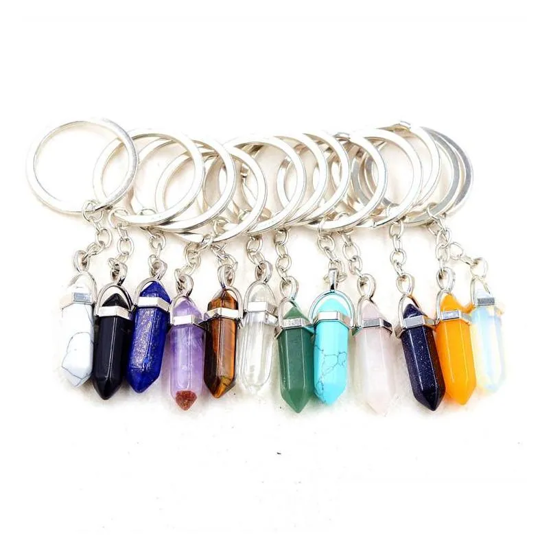 healing reiki chakra carved hexagon natural stone key rings pendant keychain crystal chakras quartz chains jewelry accessories