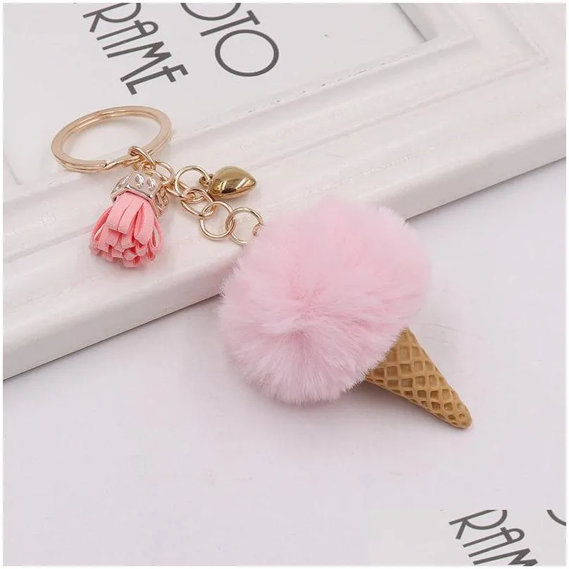 ice cream keychain cute bag cartoon key rings imitation rex rabbit fur plush pendant cone car hair ball bag accessories keychains