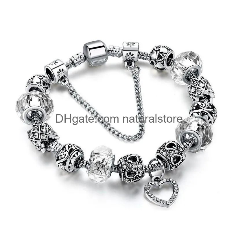 crystal beads bracelets for women diy silver heart charm bracelets bangles