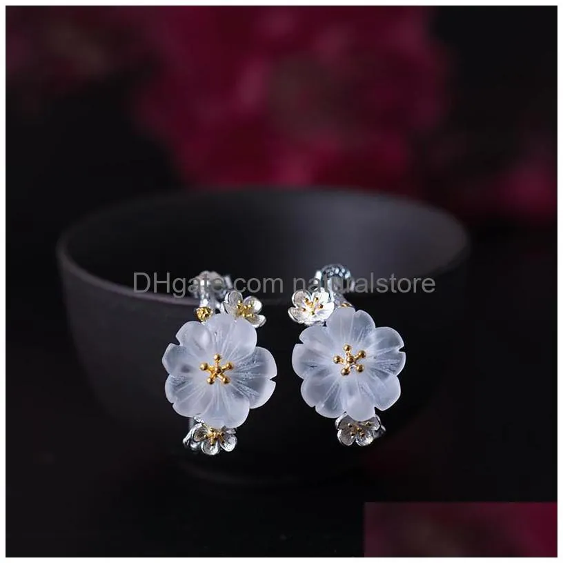 925 sterling silver plum stud earrings female ethnic handmade blooming flower wedding earring for women mother gifts