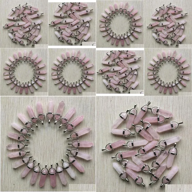 pink crystal rose quartz charms hexagonal prism healing reiki point pendants for jewelry making mki