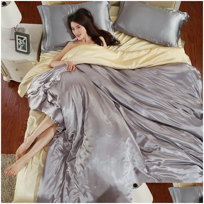  100 pure satin silk bedding set home textile king size bed set bedclothes duvet cover flat sheet pillowcases wholesale1