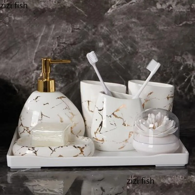 bath accessory set 6/7pcs gold marble ceramics bathroom accessories soap dispenser/toothbrush holder/tumbler/soap dish products1