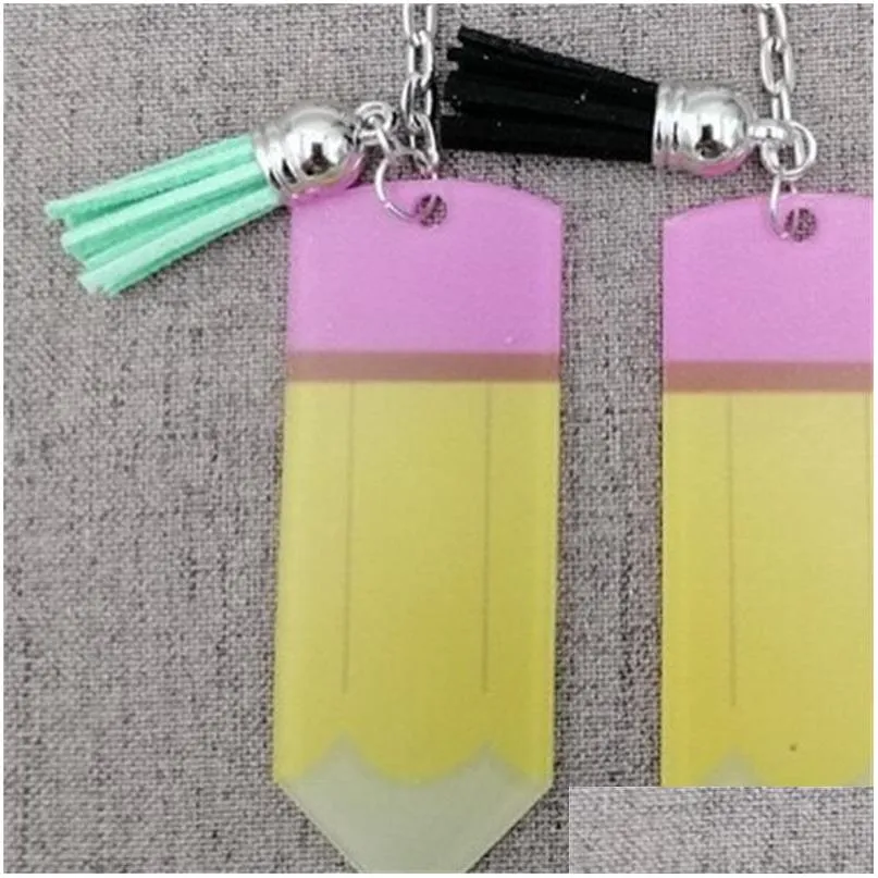 creative teachers day keychain fashion acrylic pencil dangle charms key ring personalize small tassel keyring festival party gift 378