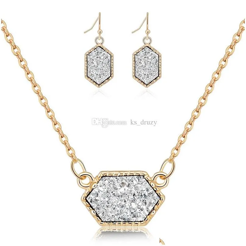 oval drusy druzy necklace dangle earrings jewelry set gold plated druse choker women wedding party