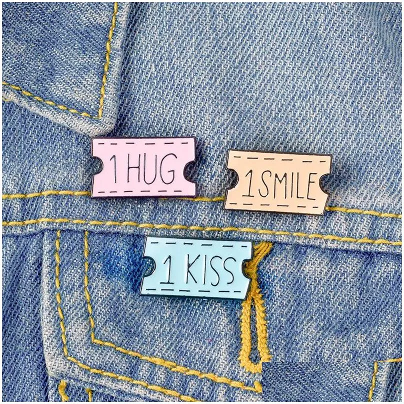 ticket smile hug kiss words lapel pins badges brooches men women girls cute summer funny jewelry cartoon accessories