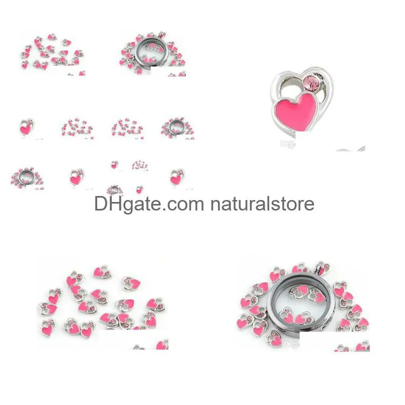 20pcs/lot pink heart alloy floating locket charms fit for diy magnetic glass living memory locket best gift