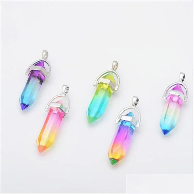 colorful glass hexagon prism charms rainbow pendant for necklace jewelry making women men wholesale mki