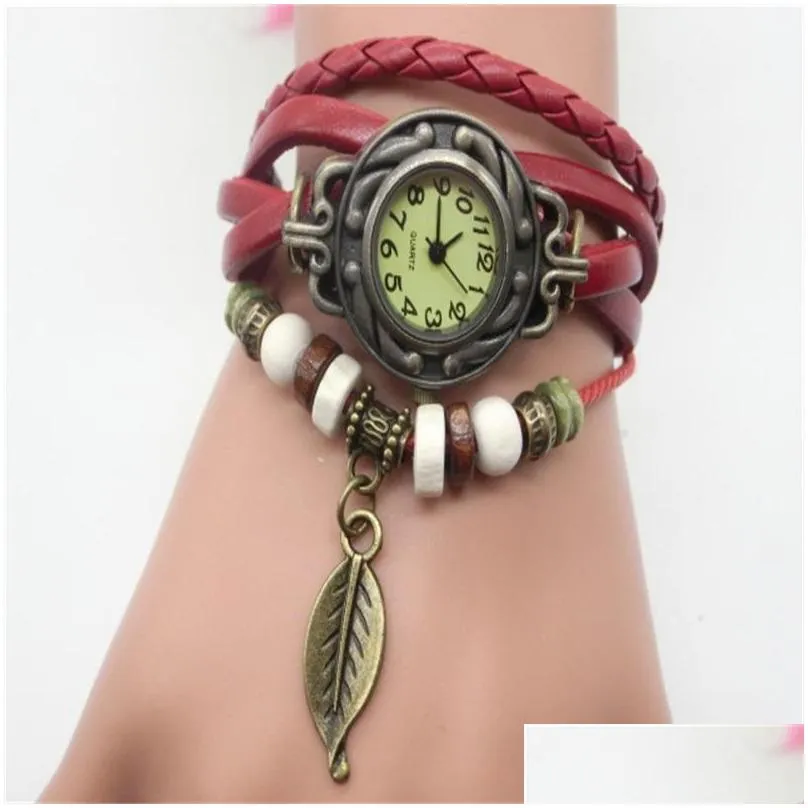 retro quartz bracelets watches leaf pendant pu leather strap dress wrist bangle vintage weave wrap wristwatch women girls knit watch 358