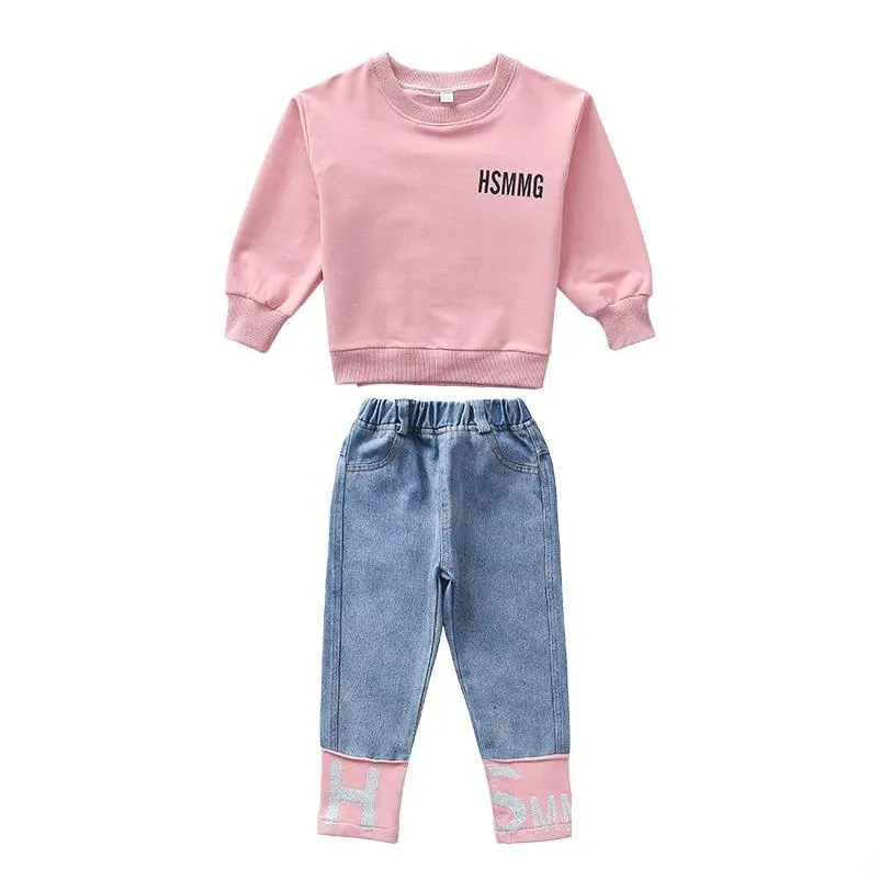 girls sports suits fashion denim stitching clothing set for teenage girl spring autumn tracksuit kids clothes letter sportswear1 748