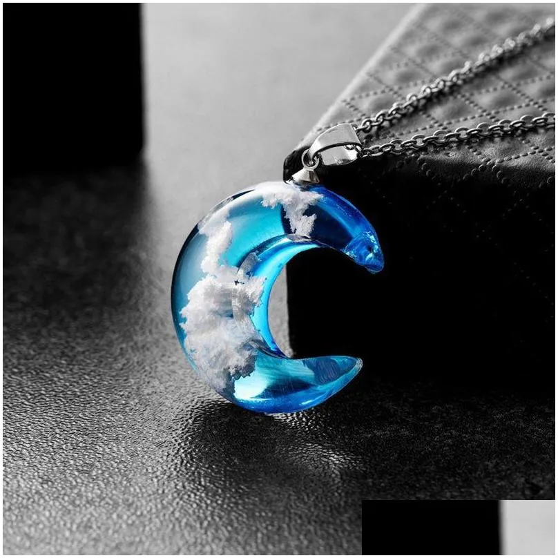 chic transparent women blue sky white cloud resin rould ball moon pendant necklaces chain fashion jewelry gifts for girl