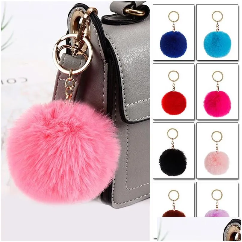 fluffy pom pom keychain soft faux rex rabbit fur ball car key rings pompom plush keychains gold keys holder women bag pendant jewelry