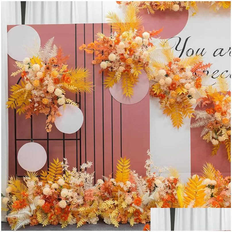 decorative flowers wreaths orange yellow series wedding floral arrangement artificial flower row table t stage backdrop corner ball