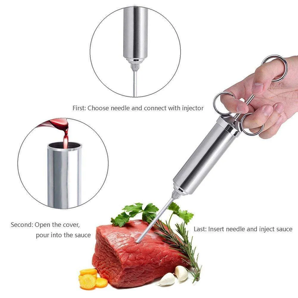 2oz grill marinade seasoning injector with 3 needles stainless steel meat cooking syringe injection with cleaning brush dh01019 t03