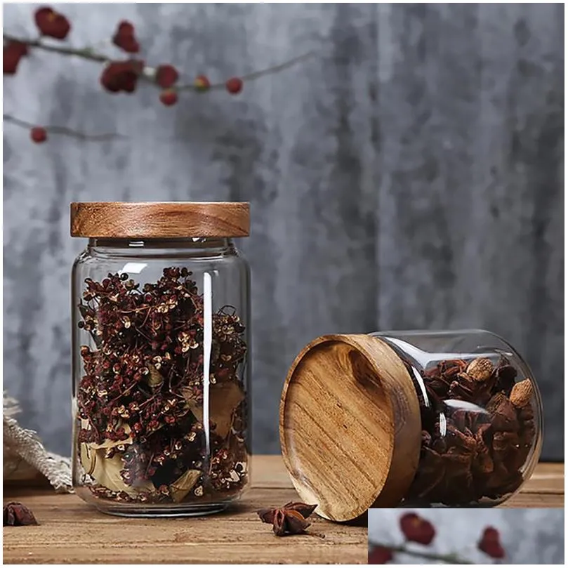 wood lid glass airtight canister kitchen storage bottles jars container grains coffee beans grains candy jar containers