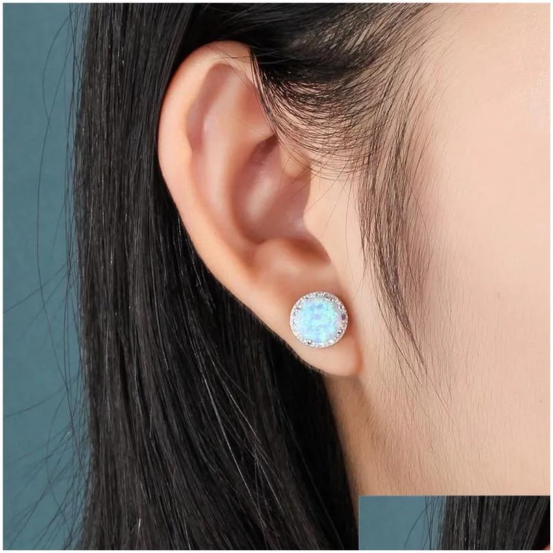 new simple 925 sterling silver stud earrings round blue fire opal earrings with cubic zirconia wedding jewelry gift