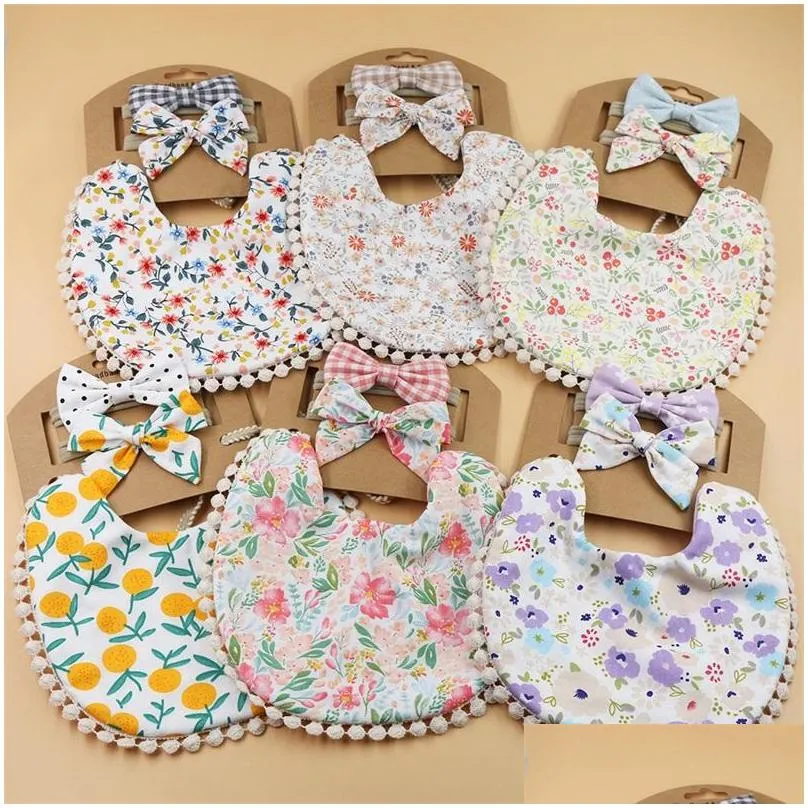 baby bibs burping clothes born burp cloths girls accessories infant towel print flower headband 2pcs set princess kids feeding 3083