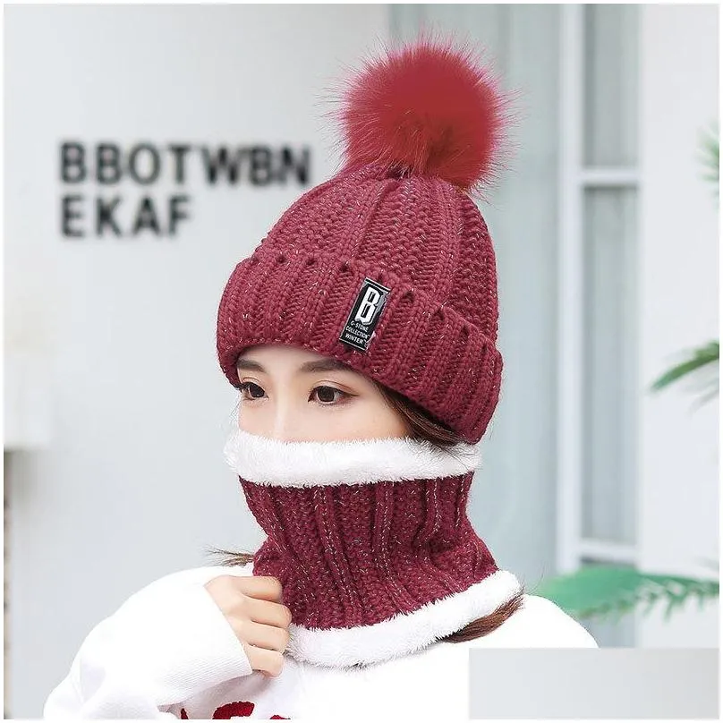 knitted bobble hat scarf set b decoration solid color women beanies elastic plush winter warm lady fitted cap fashion 9 8cg g2