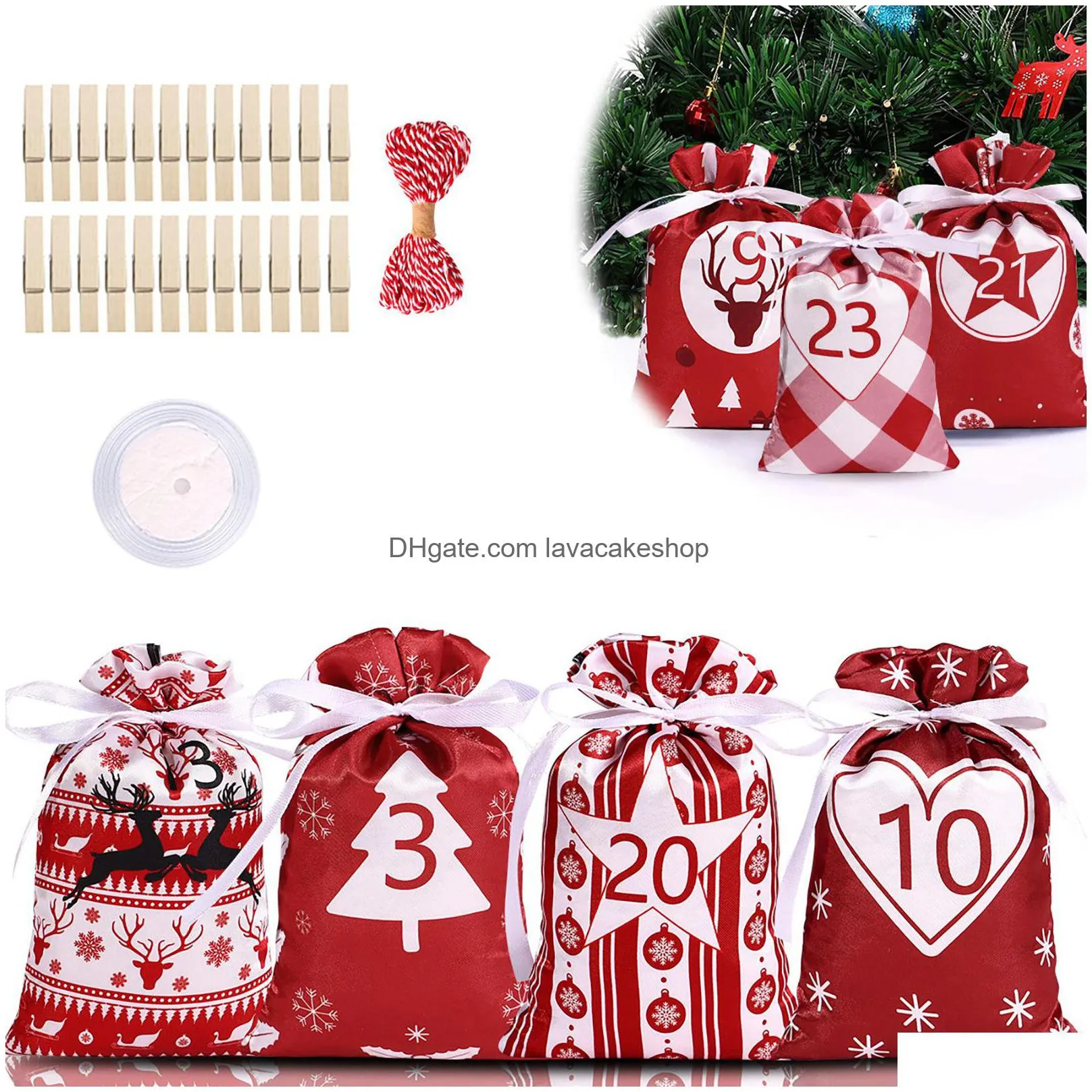 24pcs calendar candy pouch christmas decoration countdown advent calendar bag satin drawstring bag 2022 christmas gift bag set