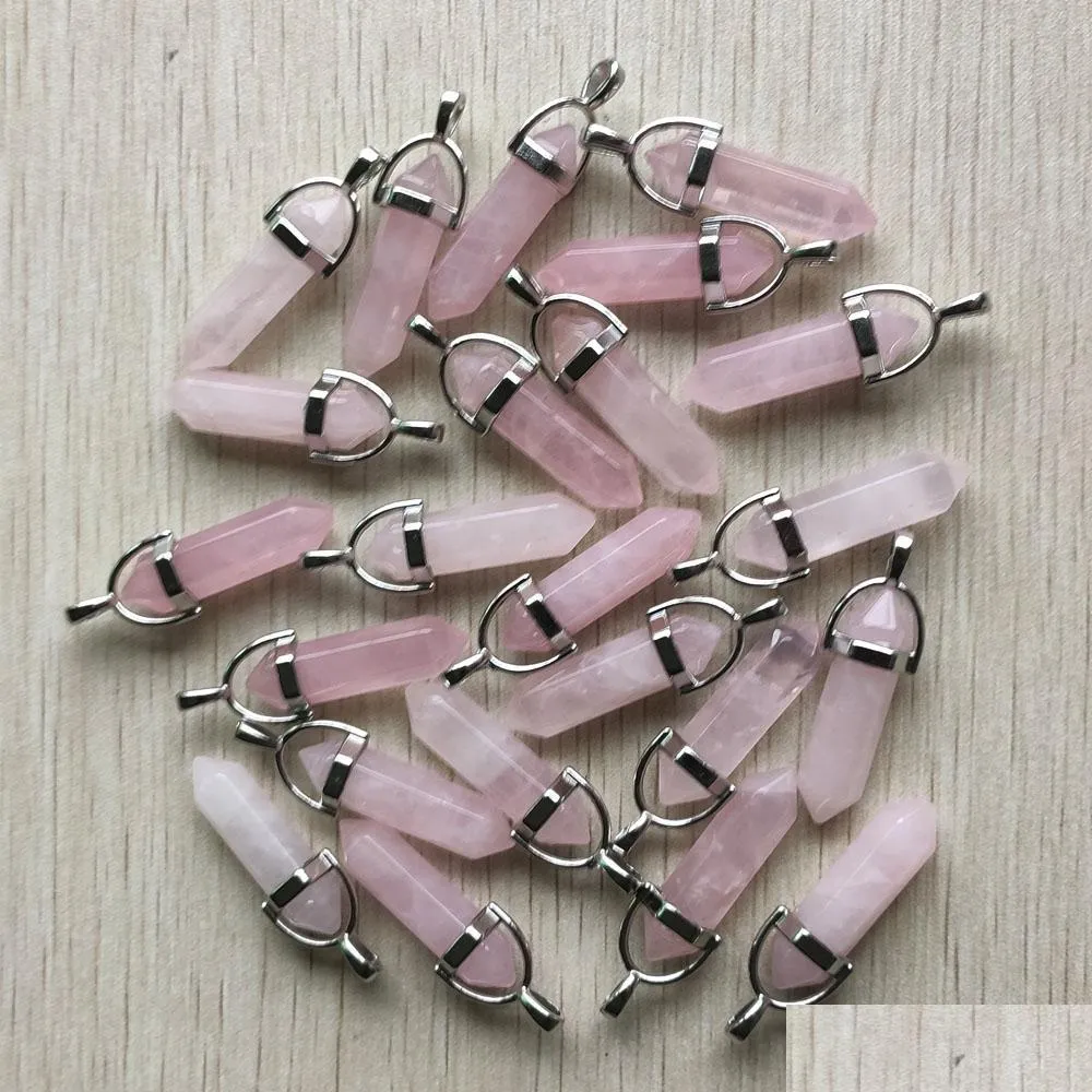 pink crystal rose quartz charms hexagonal prism healing reiki point pendants for jewelry making mki