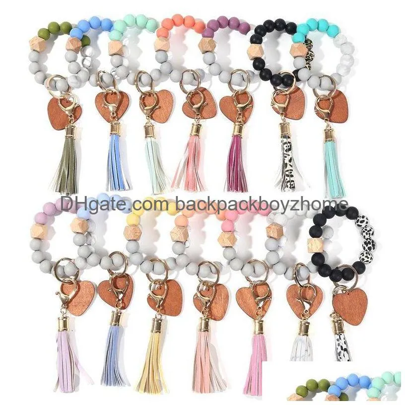 14 colors valentines day love wood chip silicone bead bracelet keychain party favor wristlet key chain tassels handchain keys ring