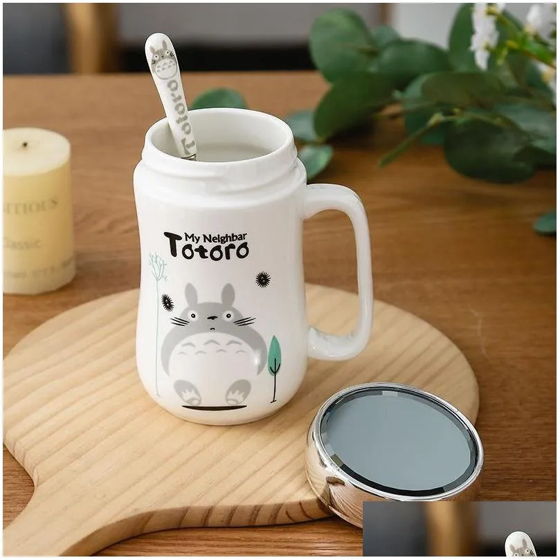 mugs ceramic creative large capacity lovely cartoon totoro lover coffee mug with lid and spoon office water tea cup birthday gift